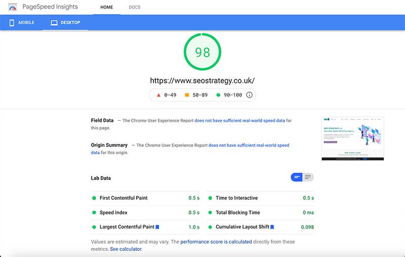 Google Page Speed Score for Desktop